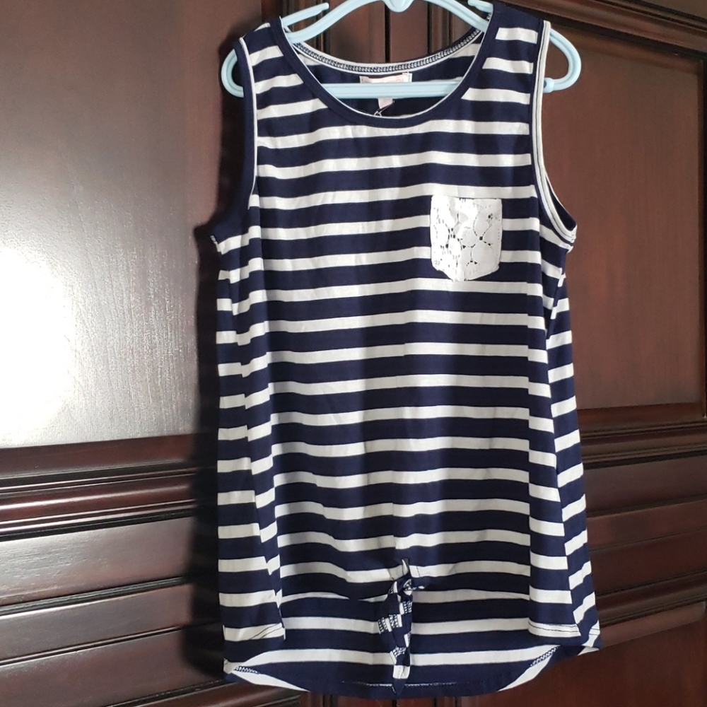 Blue and white striped tank-top with lace pocket